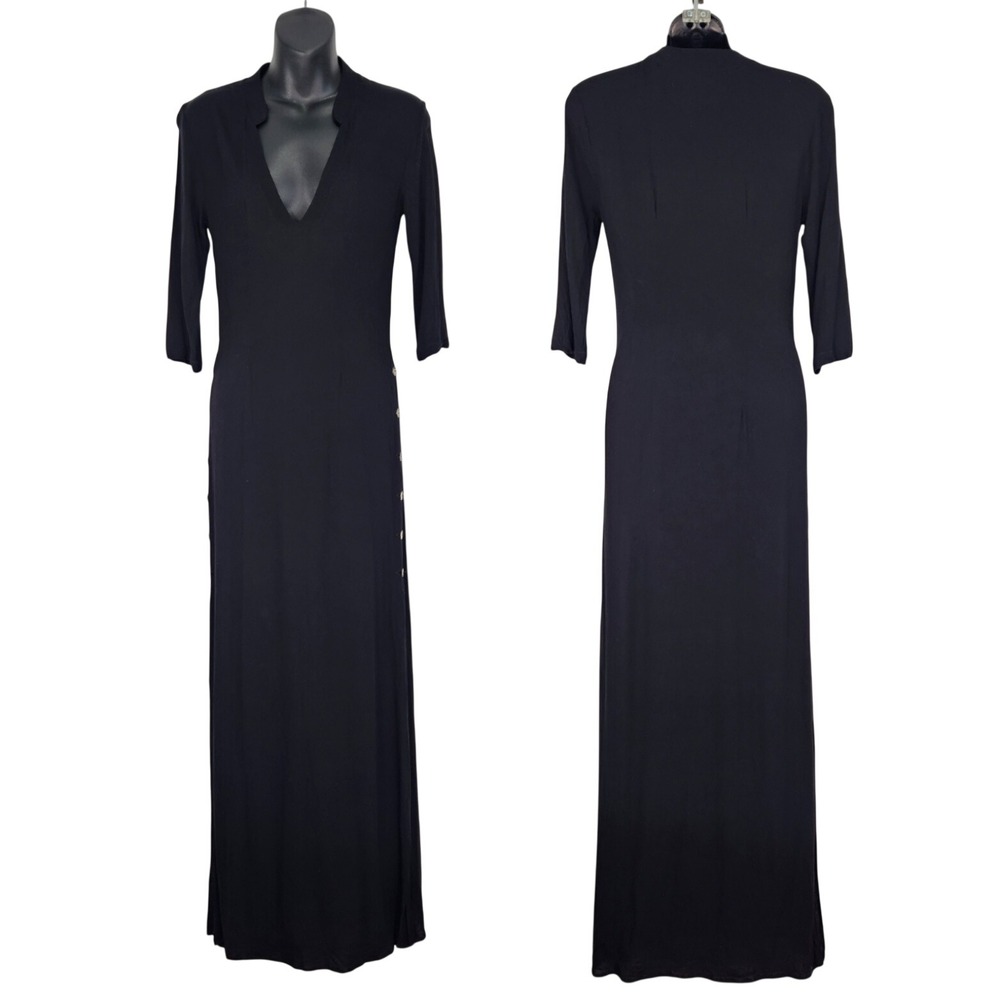 Stillwater Black V-Neck Maxi Dress Side Button Detail 3/4 Sleeve XS Lightweight